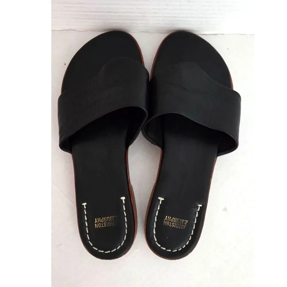 Johnston & Murphy Black Leather Thong Slide Sandals Size 9M Minimalist Chic